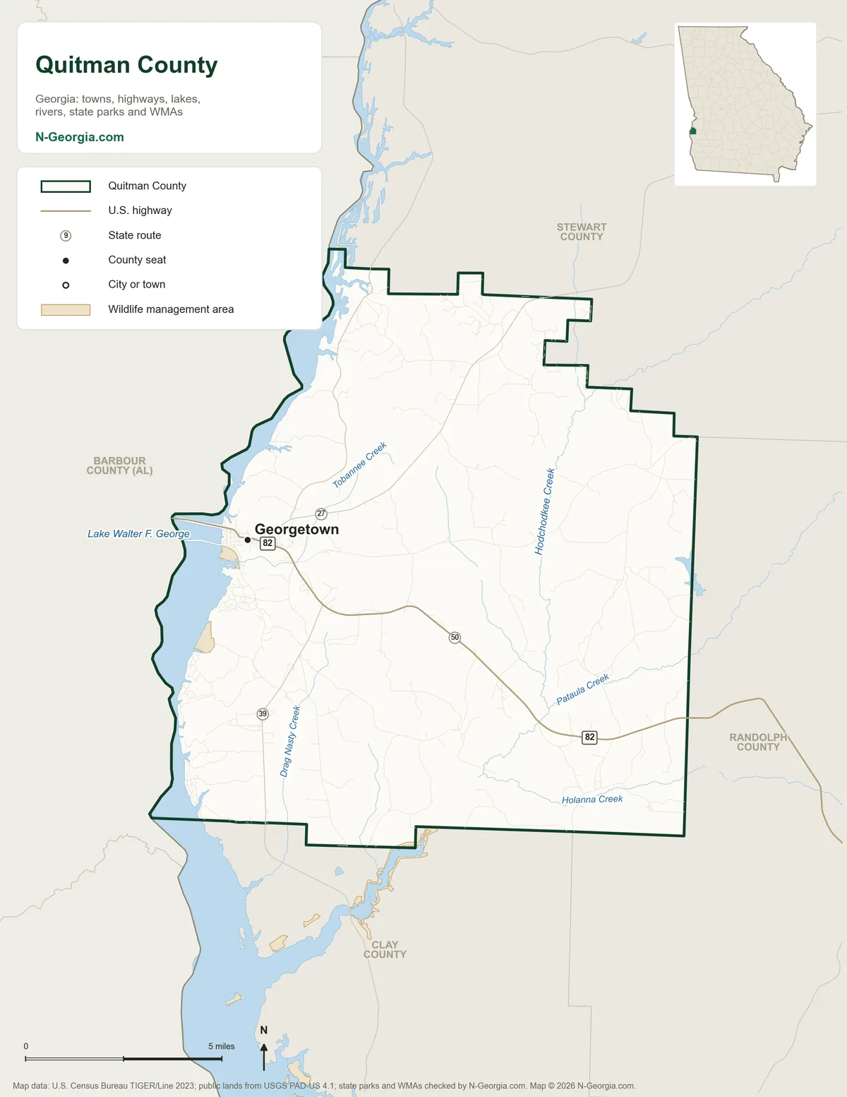 Map of Quitman County, Georgia, showing the county seat of Georgetown, highways, rivers and lakes and neighboring counties
