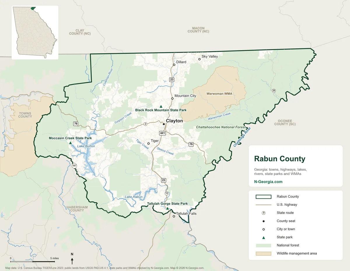 Map of Rabun County, Georgia, showing the county seat of Clayton, other towns, highways, rivers and lakes, state parks, wildlife management areas and neighboring counties