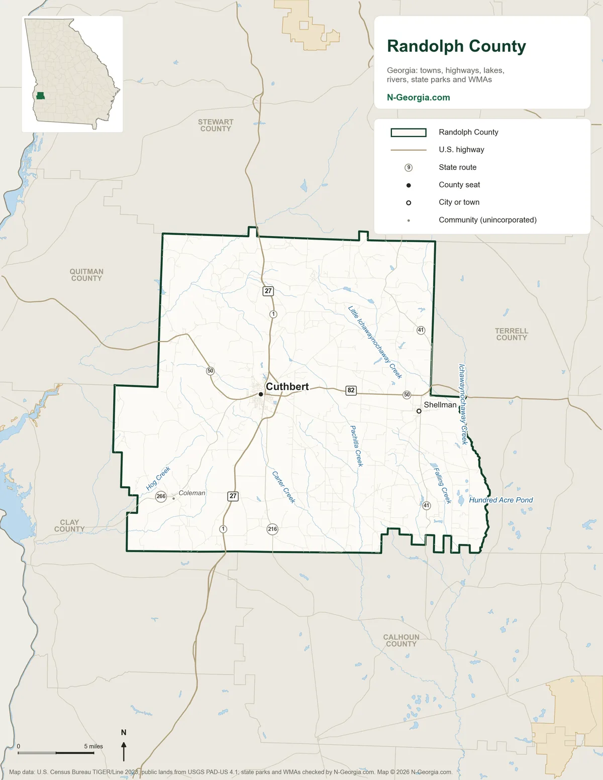 Map of Randolph County, Georgia, showing the county seat of Cuthbert, other towns, highways, rivers and lakes and neighboring counties