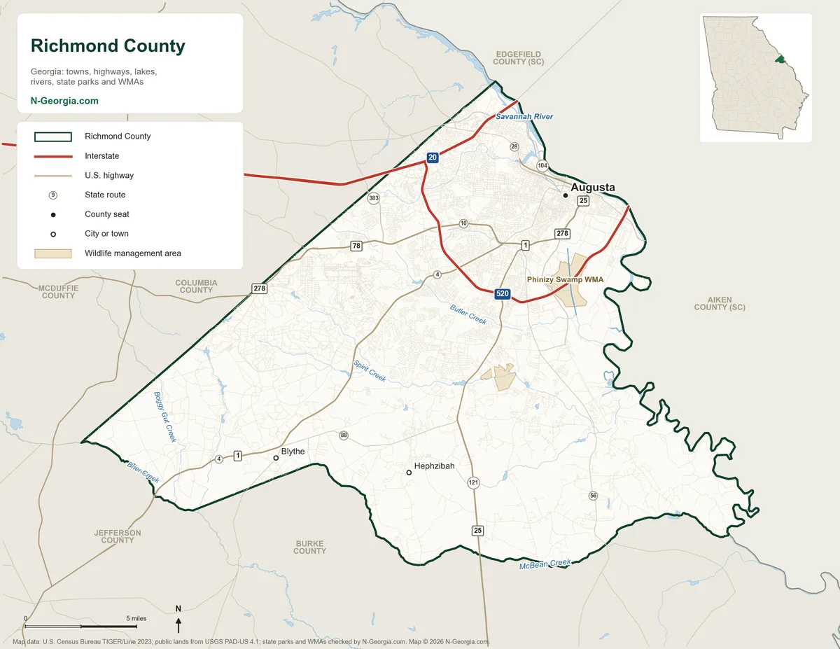 Map of Richmond County, Georgia, showing the county seat of Augusta, other towns, highways, rivers and lakes, wildlife management areas and neighboring counties