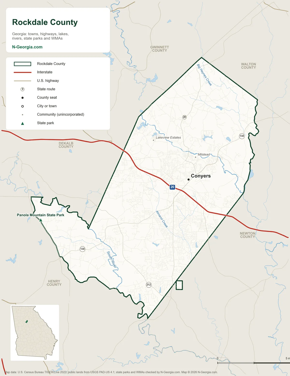 Map of Rockdale County, Georgia, showing the county seat of Conyers, highways, rivers and lakes, state parks and neighboring counties