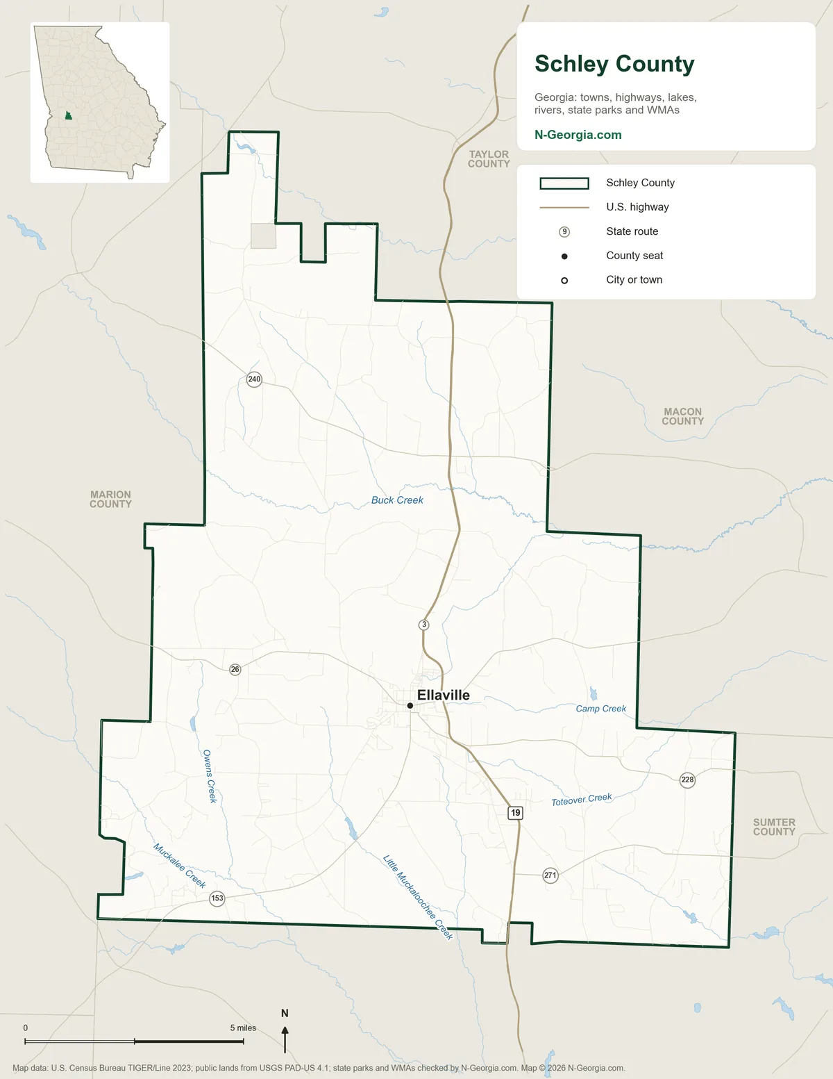 Map of Schley County, Georgia, showing the county seat of Ellaville, highways, rivers and lakes and neighboring counties