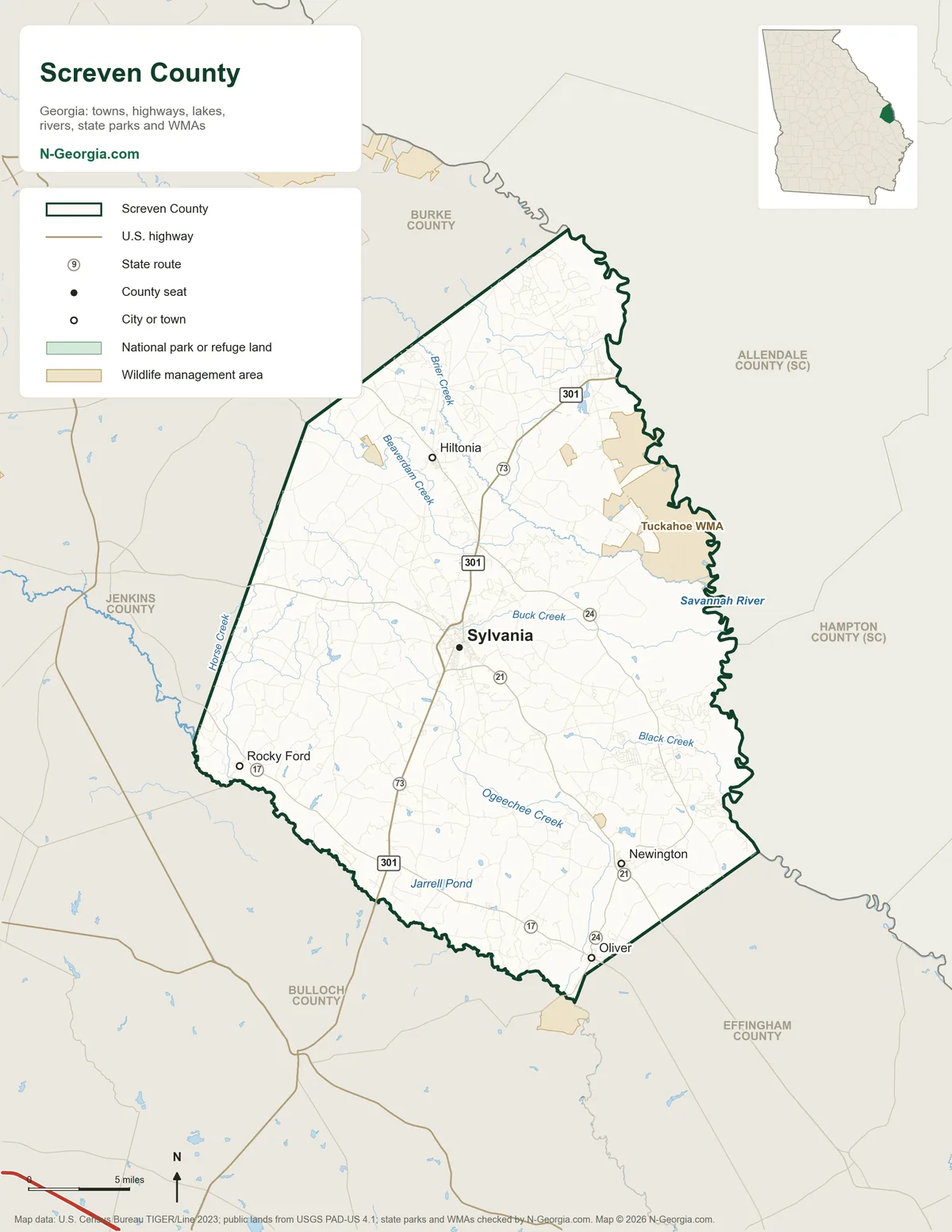 Map of Screven County, Georgia, showing the county seat of Sylvania, other towns, highways, rivers and lakes, wildlife management areas and neighboring counties