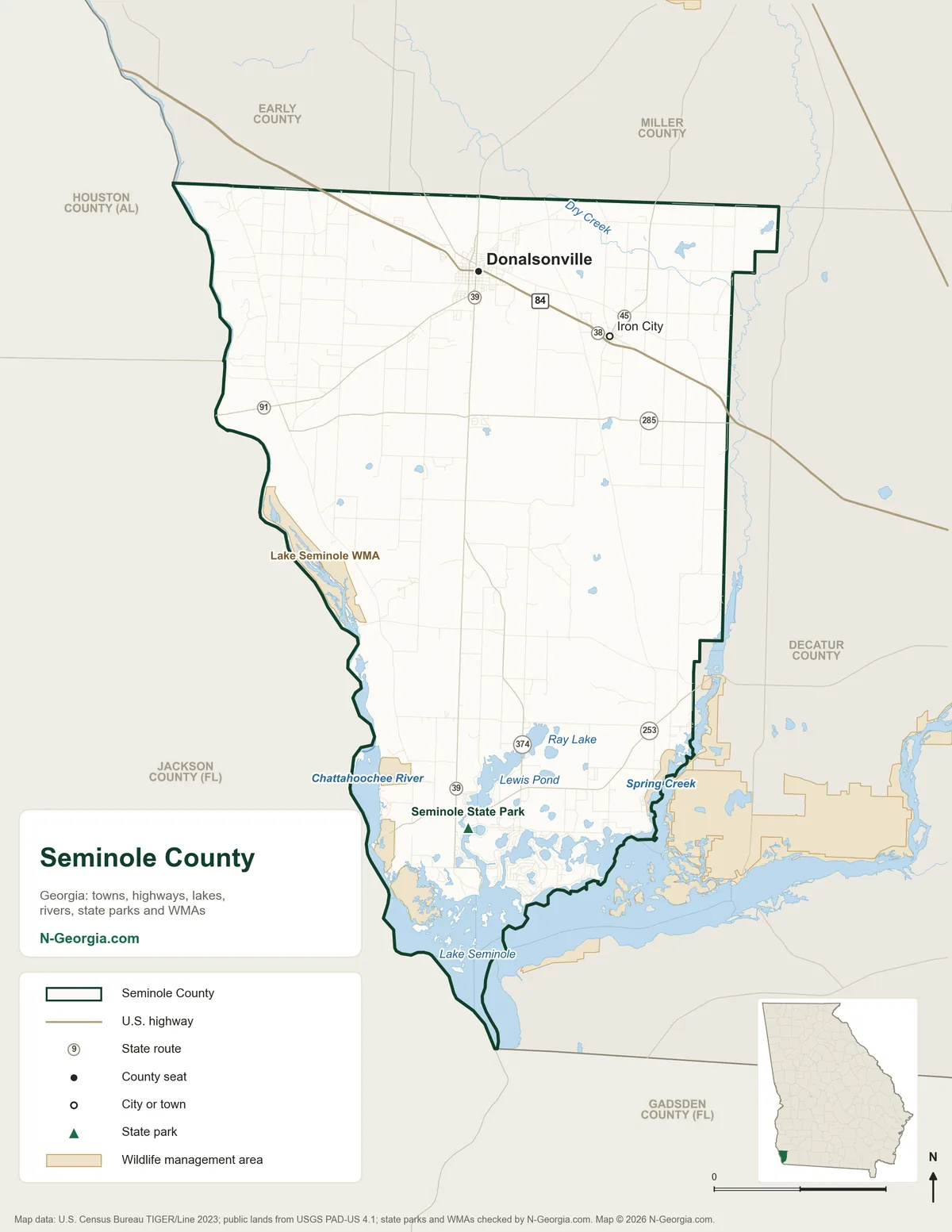 Map of Seminole County, Georgia, showing the county seat of Donalsonville, other towns, highways, rivers and lakes, state parks, wildlife management areas and neighboring counties