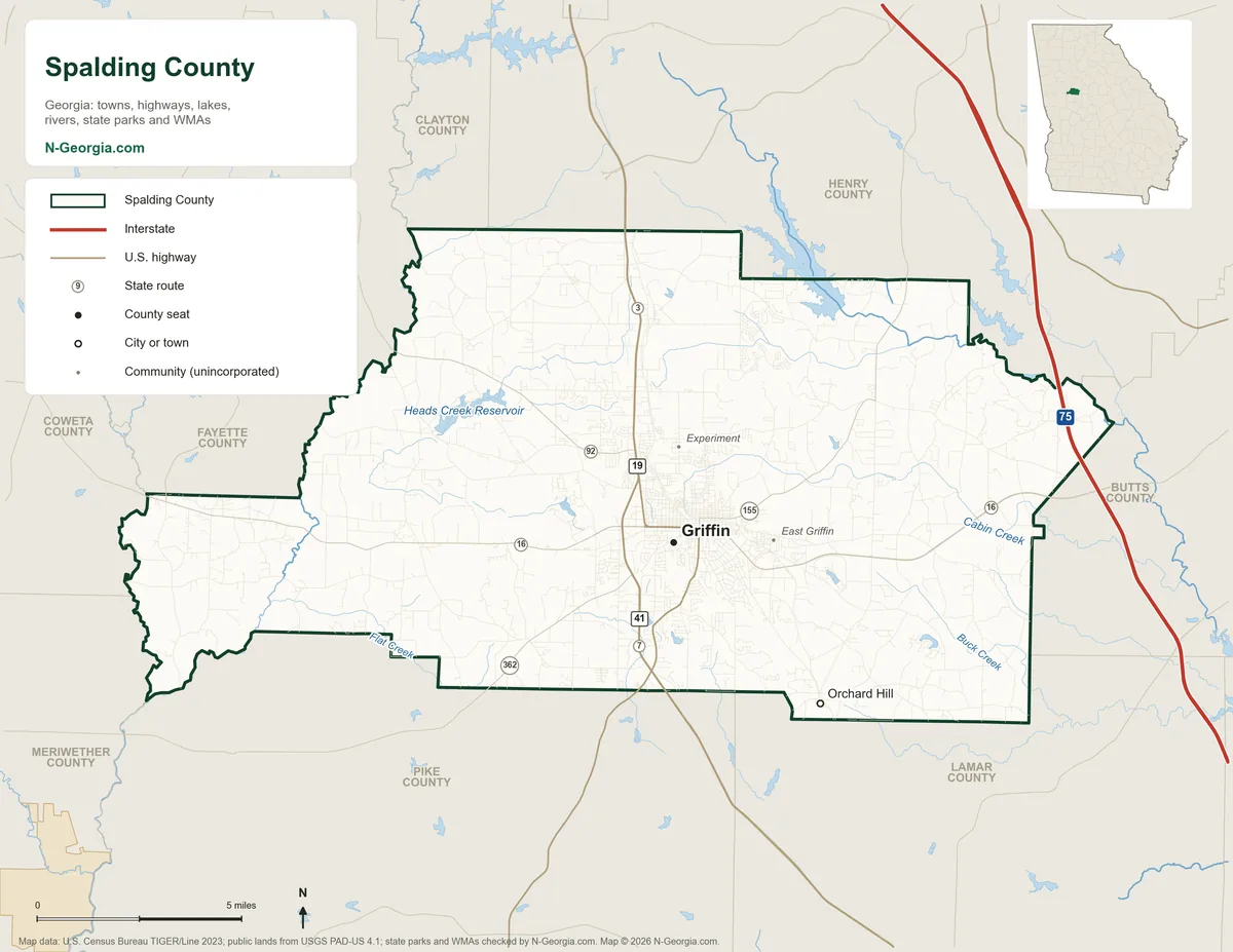 Map of Spalding County, Georgia, showing the county seat of Griffin, other towns, highways, rivers and lakes and neighboring counties