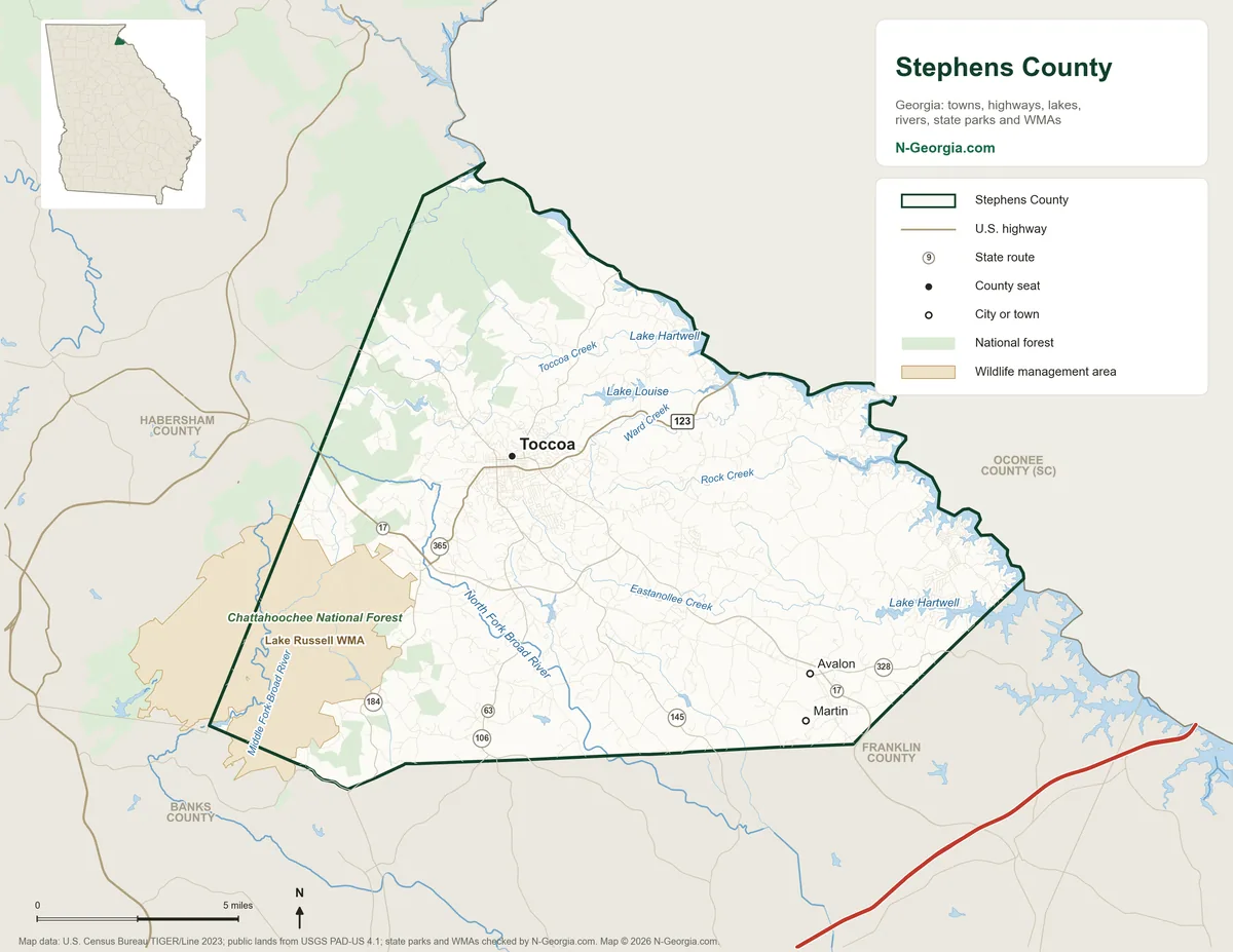 Map of Stephens County, Georgia, showing the county seat of Toccoa, other towns, highways, rivers and lakes, wildlife management areas and neighboring counties