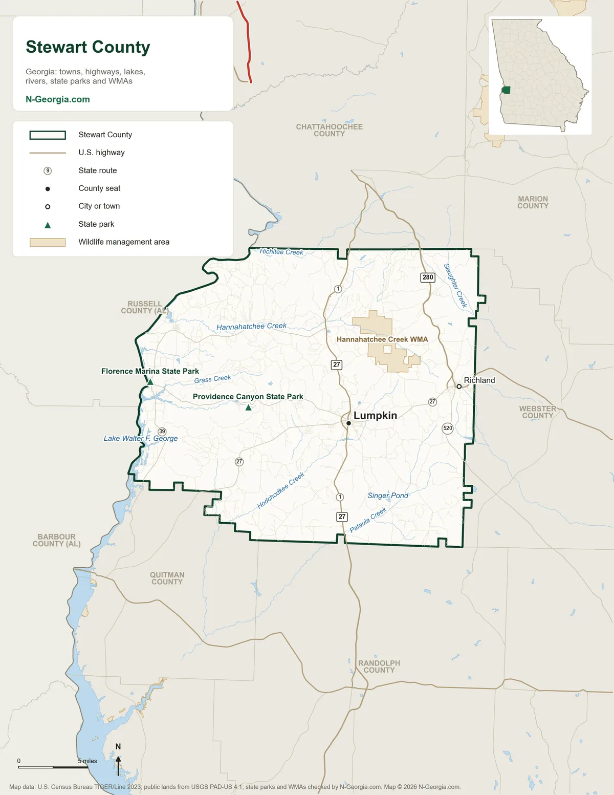 Map of Stewart County, Georgia, showing the county seat of Lumpkin, other towns, highways, rivers and lakes, state parks, wildlife management areas and neighboring counties