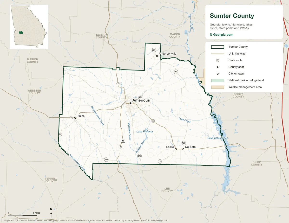 Map of Sumter County, Georgia, showing the county seat of Americus, other towns, highways, rivers and lakes and neighboring counties