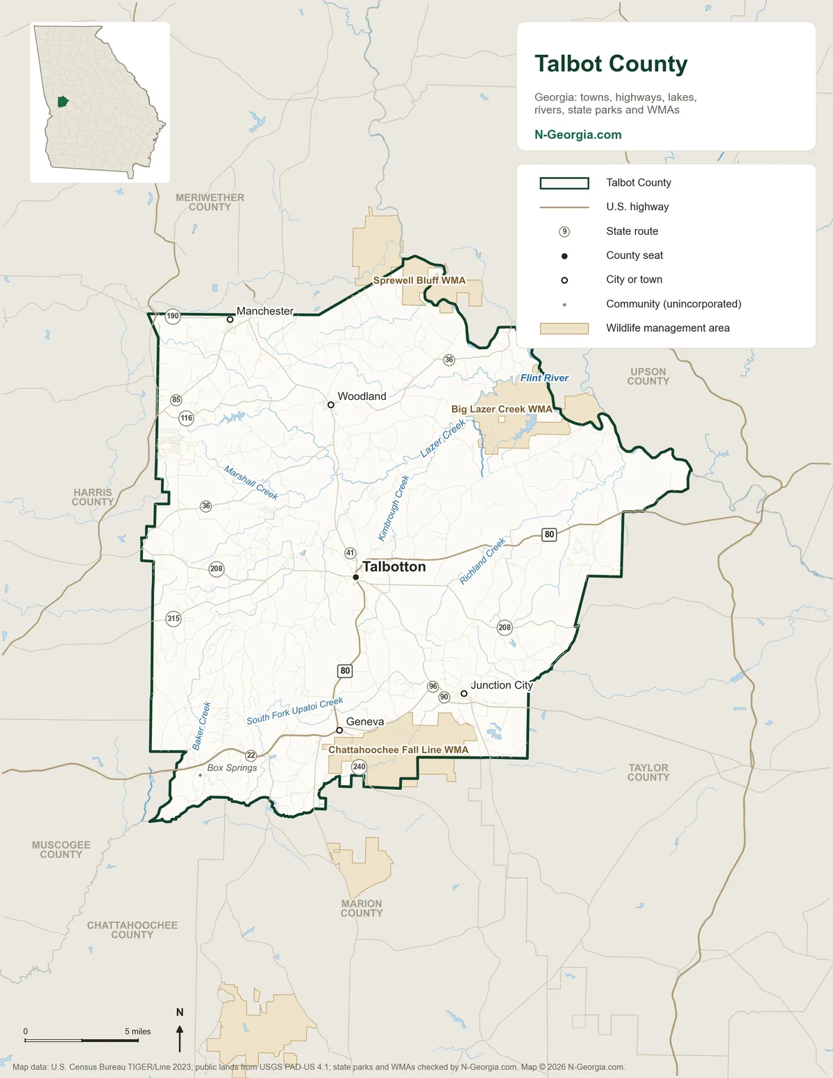Map of Talbot County, Georgia, showing the county seat of Talbotton, other towns, highways, rivers and lakes, wildlife management areas and neighboring counties