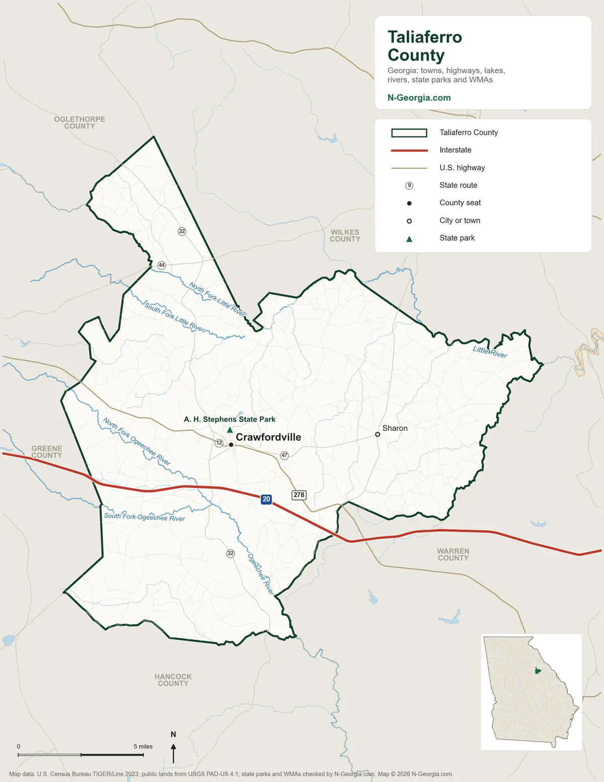 Map of Taliaferro County, Georgia, showing the county seat of Crawfordville, other towns, highways, rivers and lakes, state parks and neighboring counties