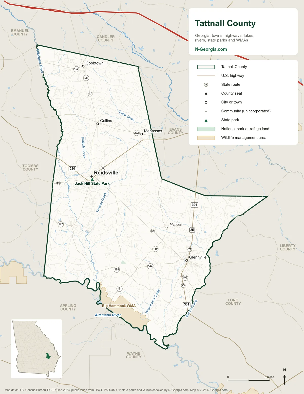 Map of Tattnall County, Georgia, showing the county seat of Reidsville, other towns, highways, rivers and lakes, state parks, wildlife management areas and neighboring counties
