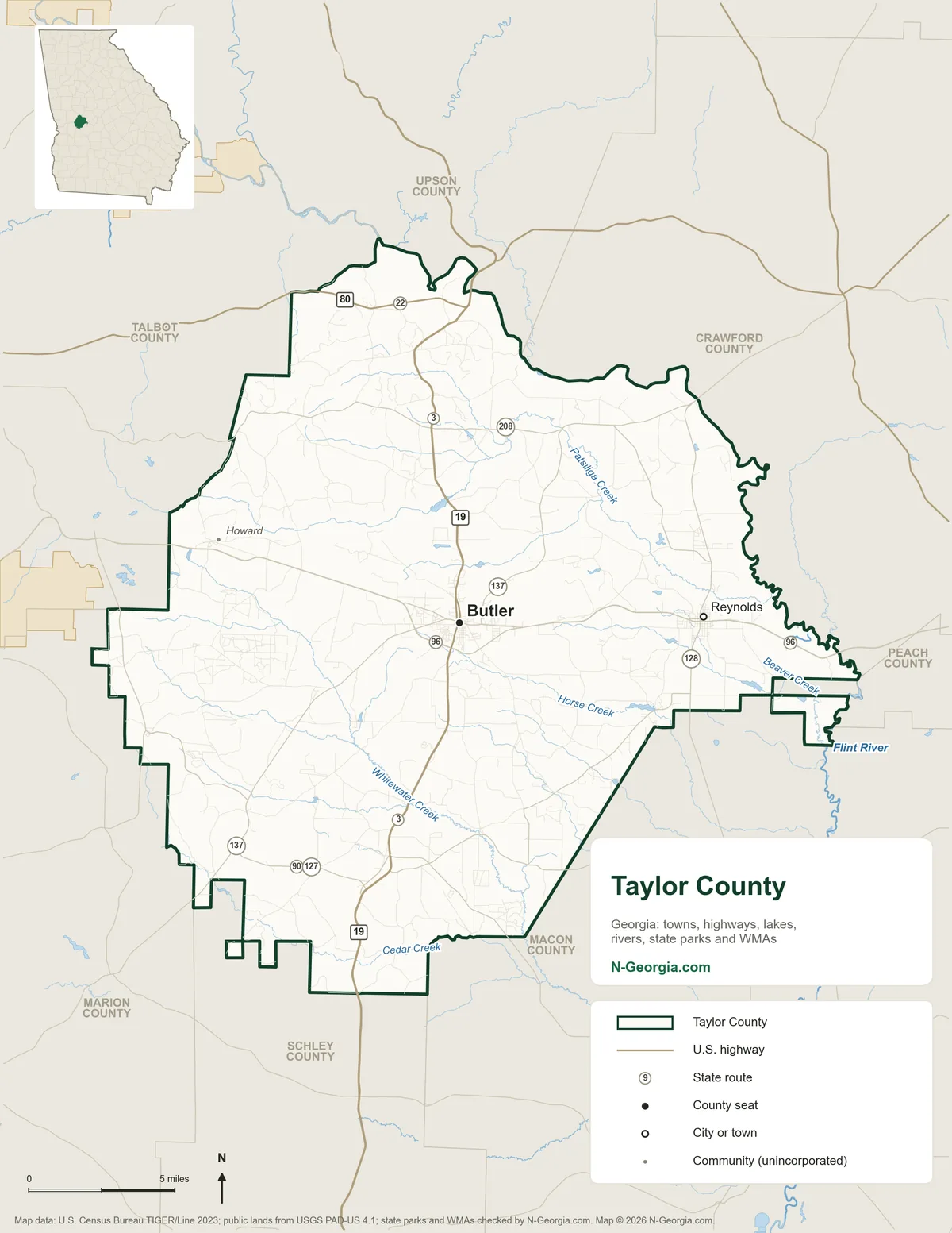 Map of Taylor County, Georgia, showing the county seat of Butler, other towns, highways, rivers and lakes and neighboring counties