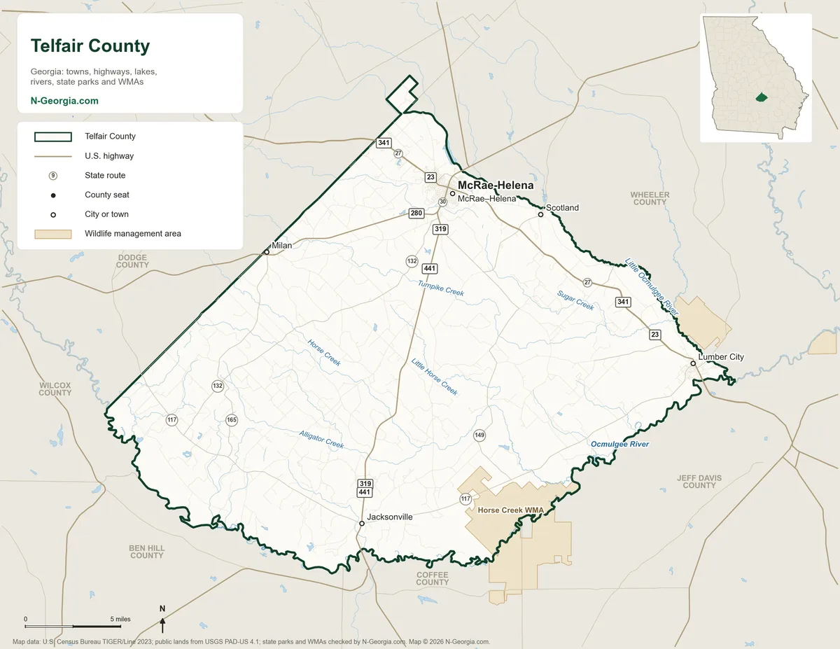 Map of Telfair County, Georgia, showing the county seat of McRae-Helena, other towns, highways, rivers and lakes, wildlife management areas and neighboring counties