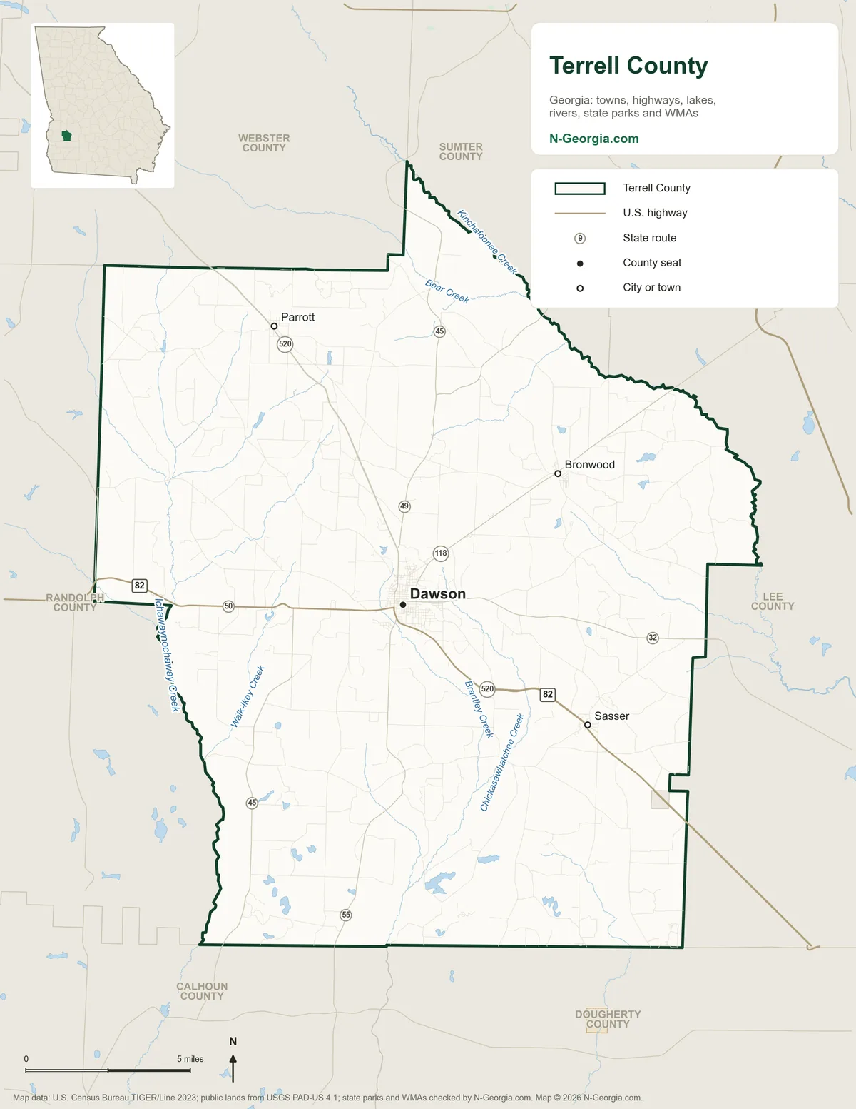 Map of Terrell County, Georgia, showing the county seat of Dawson, other towns, highways, rivers and lakes and neighboring counties