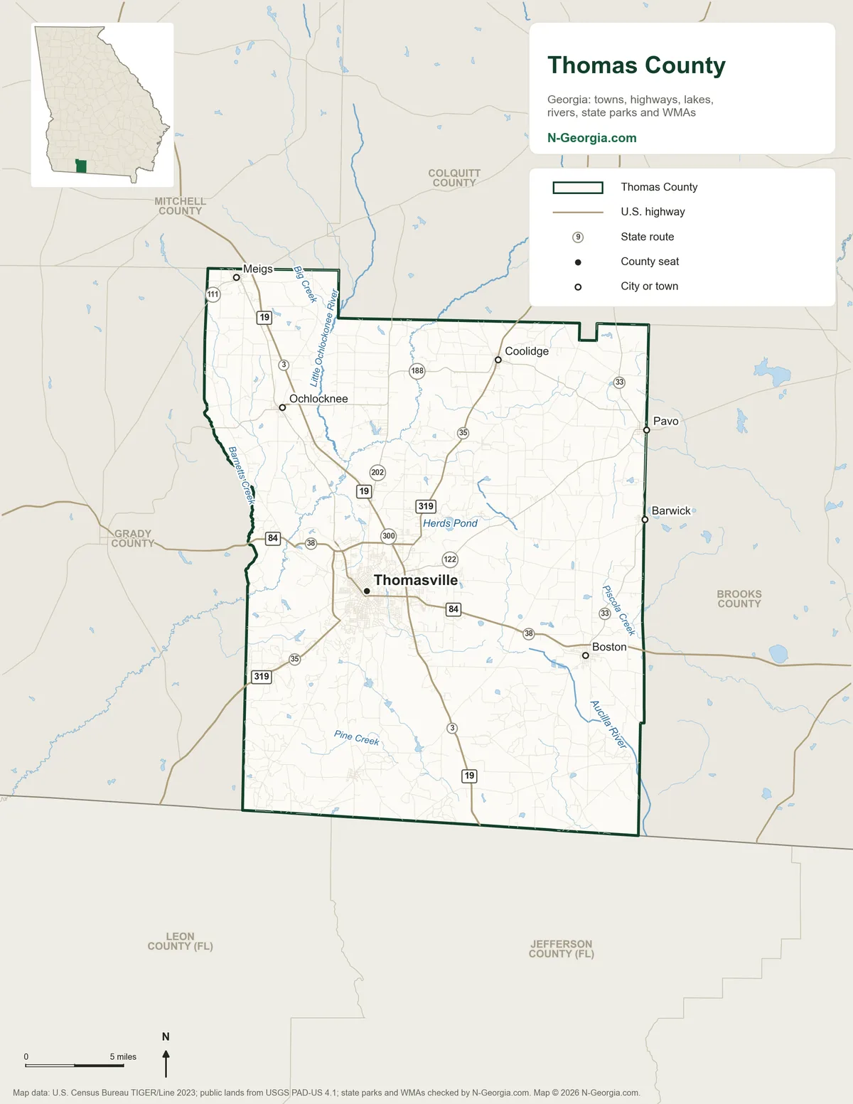 Map of Thomas County, Georgia, showing the county seat of Thomasville, other towns, highways, rivers and lakes and neighboring counties