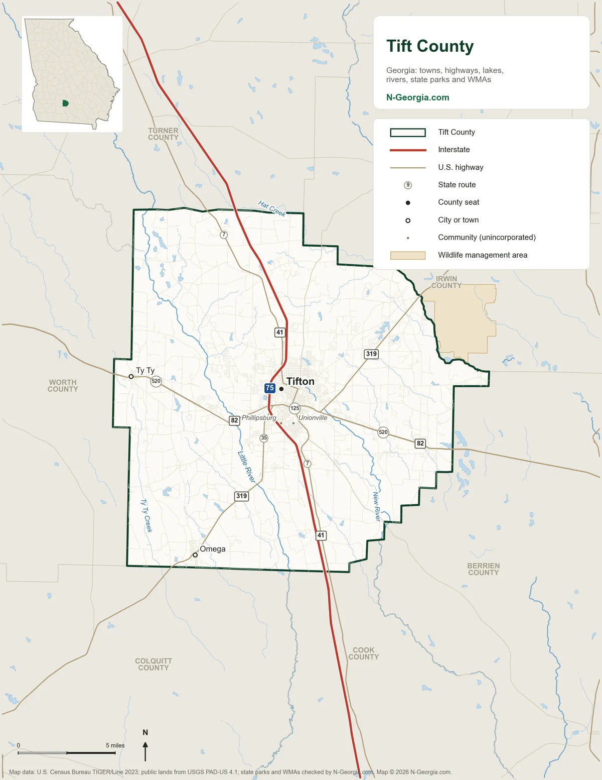 Map of Tift County, Georgia, showing the county seat of Tifton, other towns, highways, rivers and lakes and neighboring counties