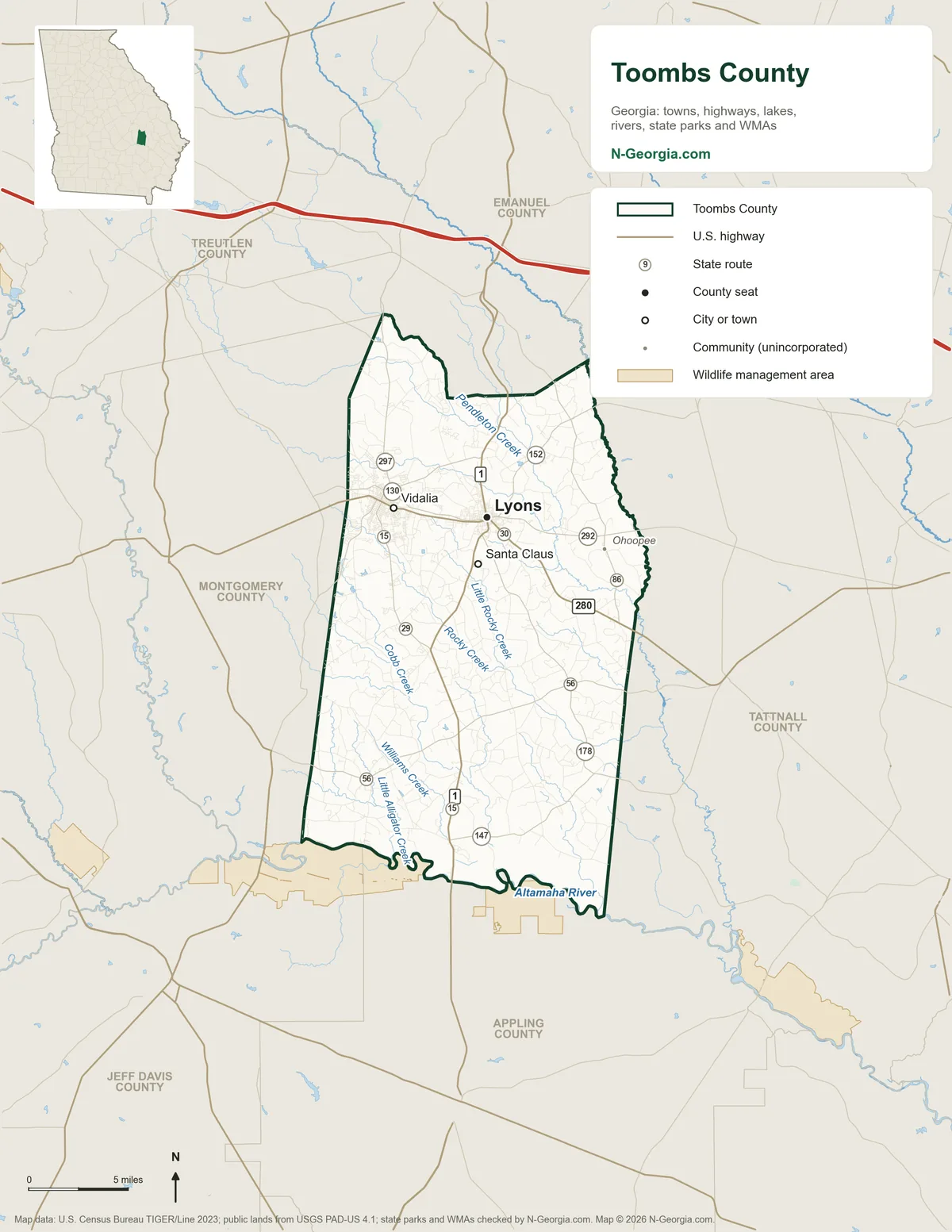 Map of Toombs County, Georgia, showing the county seat of Lyons, other towns, highways, rivers and lakes and neighboring counties