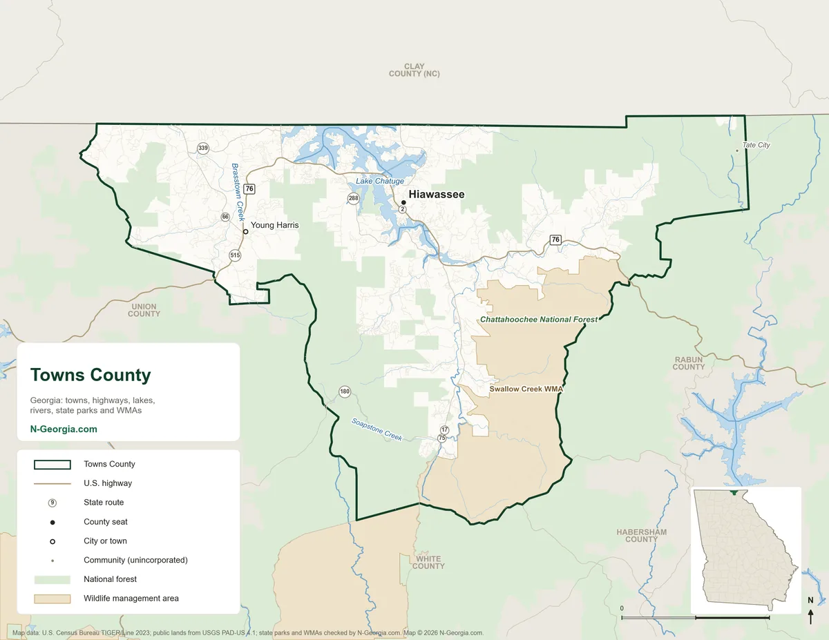 Map of Towns County, Georgia, showing the county seat of Hiawassee, other towns, highways, rivers and lakes, wildlife management areas and neighboring counties
