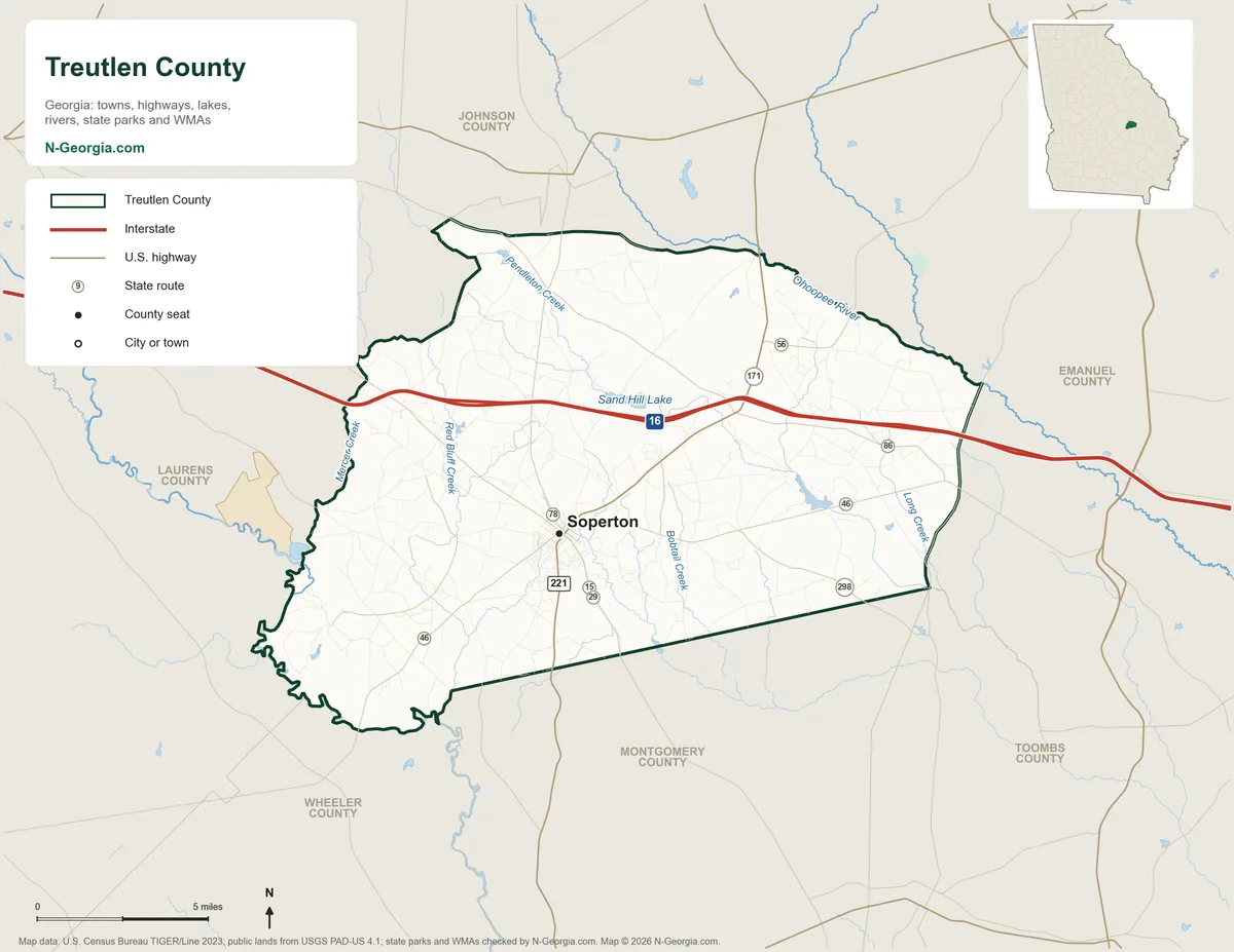 Map of Treutlen County, Georgia, showing the county seat of Soperton, highways, rivers and lakes and neighboring counties