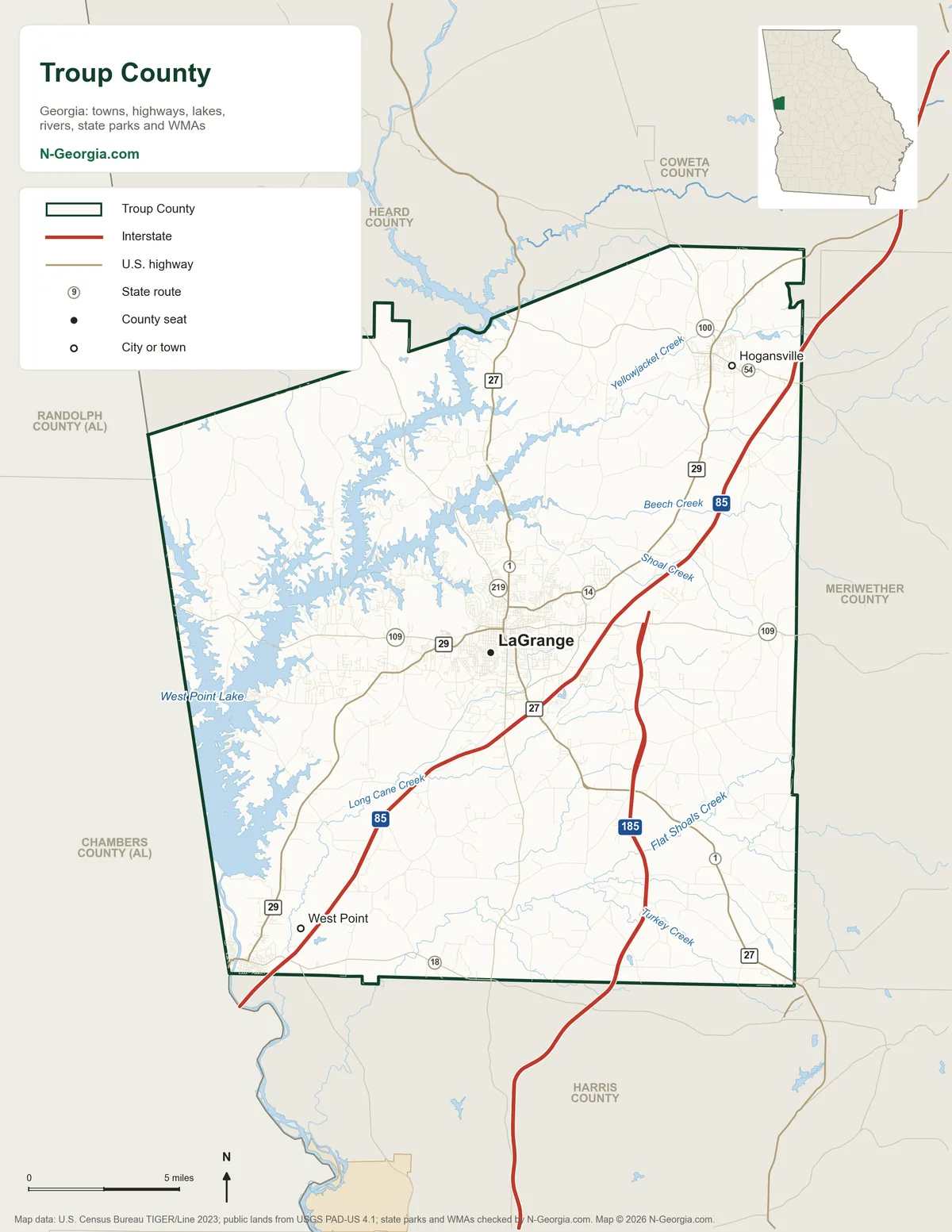 Map of Troup County, Georgia, showing the county seat of LaGrange, other towns, highways, rivers and lakes and neighboring counties