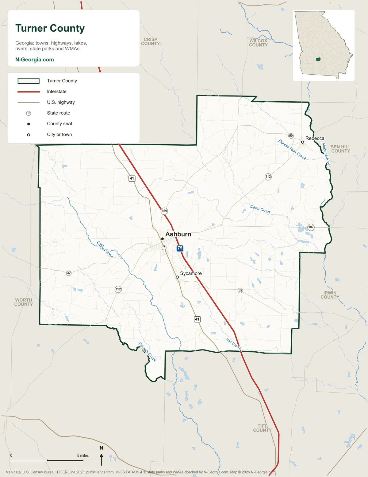 Map of Turner County, Georgia, showing the county seat of Ashburn, other towns, highways, rivers and lakes and neighboring counties