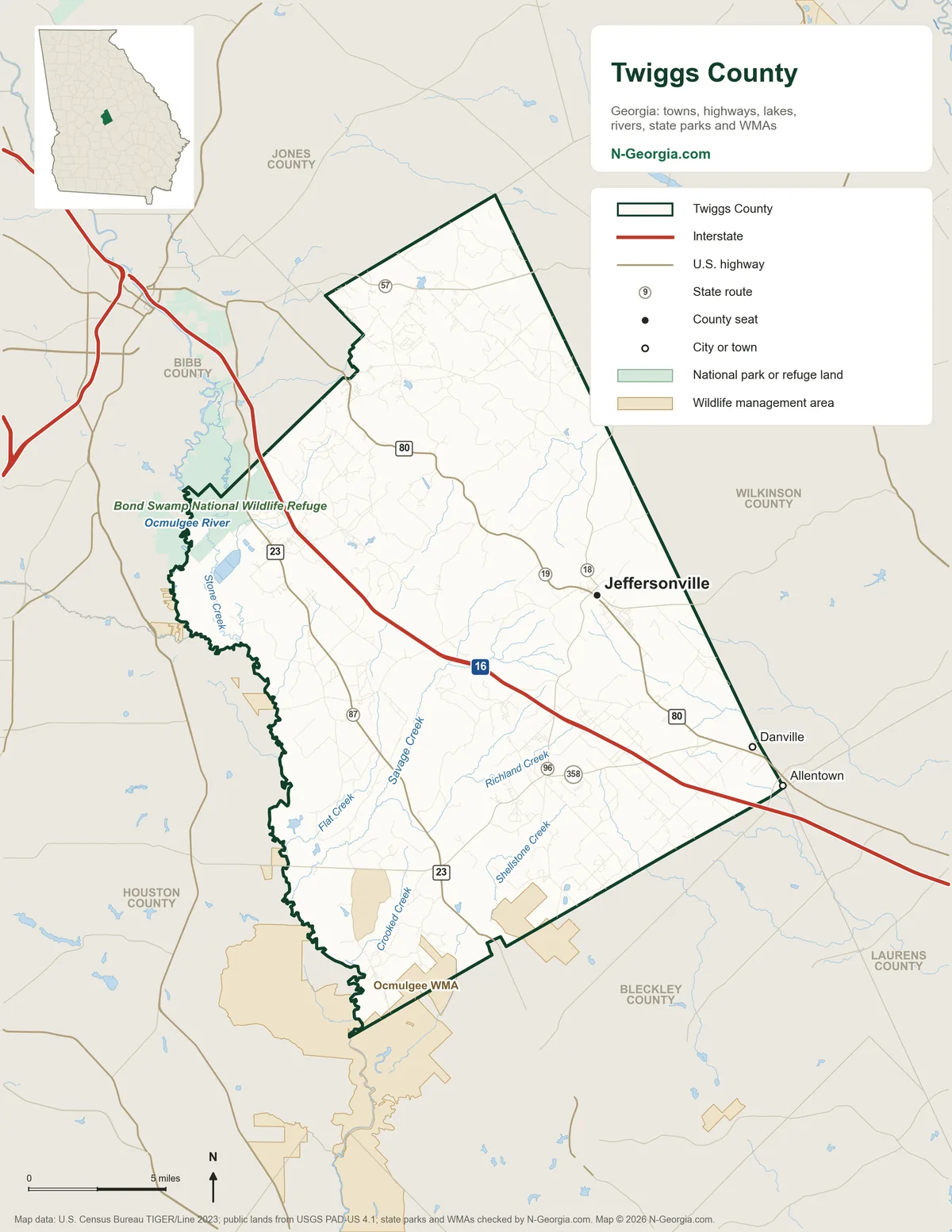 Map of Twiggs County, Georgia, showing the county seat of Jeffersonville, other towns, highways, rivers and lakes, wildlife management areas and neighboring counties