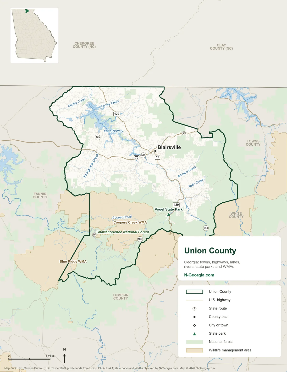 Map of Union County, Georgia, showing the county seat of Blairsville, highways, rivers and lakes, state parks, wildlife management areas and neighboring counties