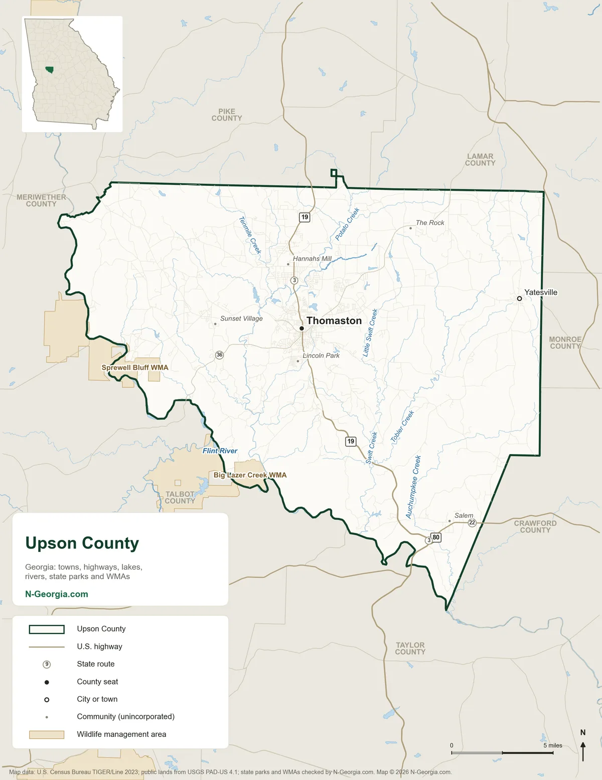Map of Upson County, Georgia, showing the county seat of Thomaston, other towns, highways, rivers and lakes, wildlife management areas and neighboring counties