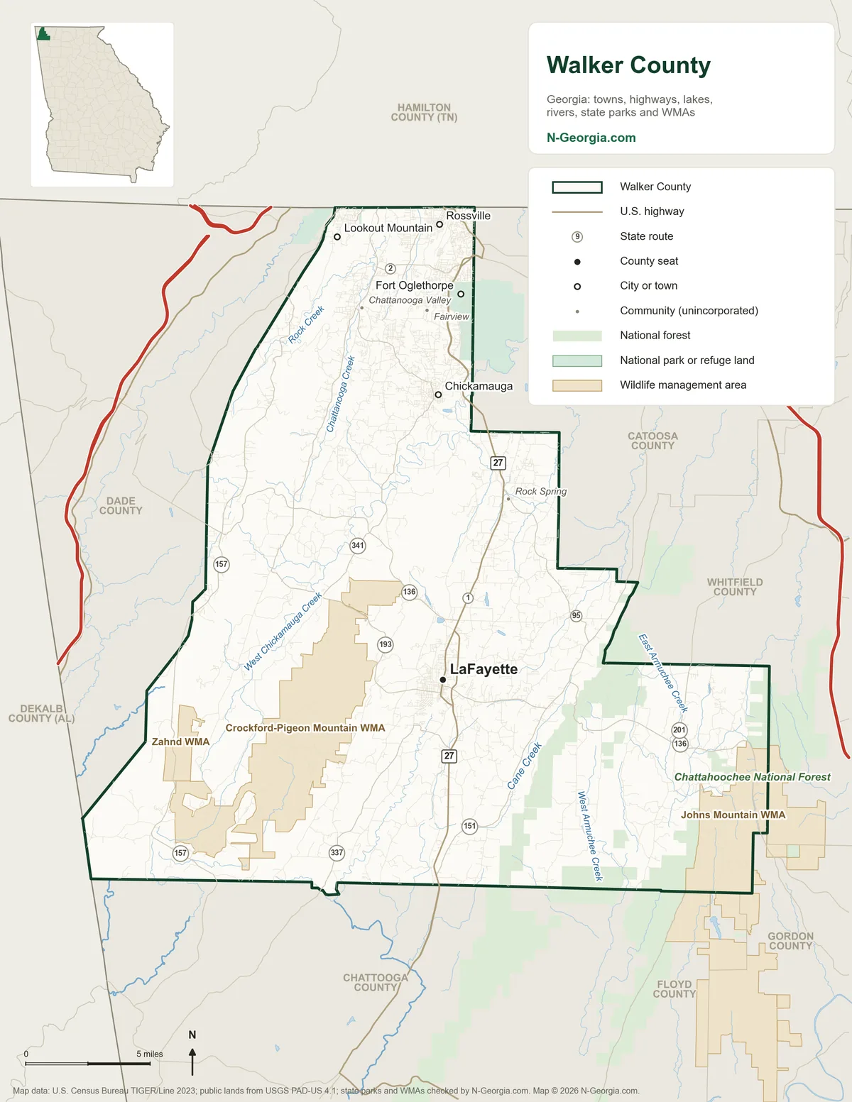 Map of Walker County, Georgia, showing the county seat of LaFayette, other towns, highways, rivers and lakes, wildlife management areas and neighboring counties