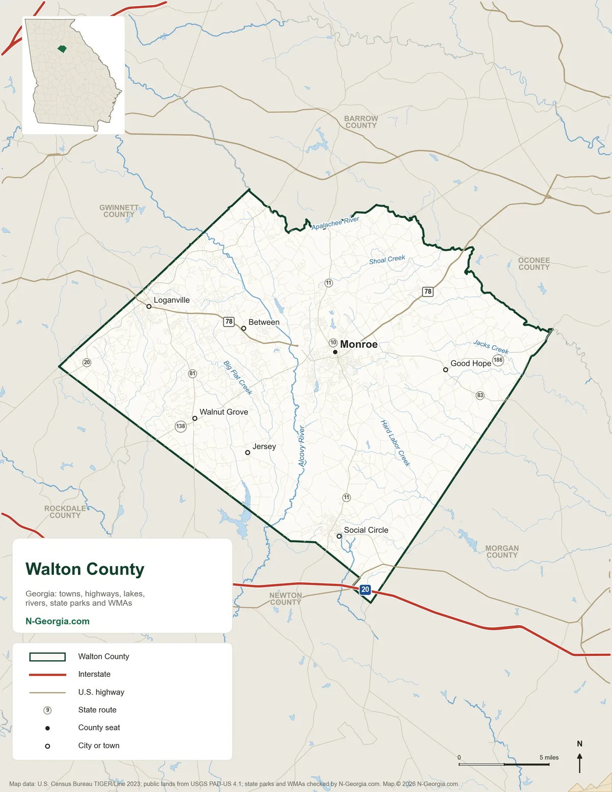 Map of Walton County, Georgia, showing the county seat of Monroe, other towns, highways, rivers and lakes and neighboring counties