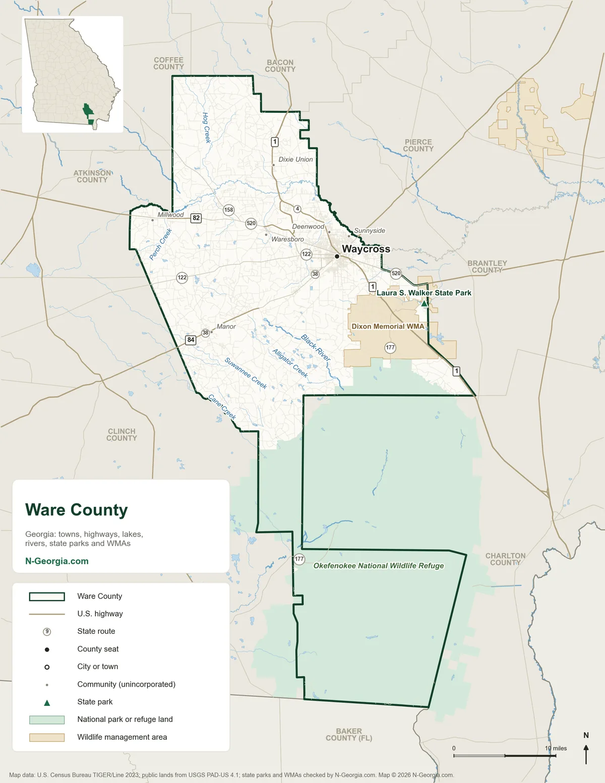 Map of Ware County, Georgia, showing the county seat of Waycross, highways, rivers and lakes, state parks, wildlife management areas and neighboring counties