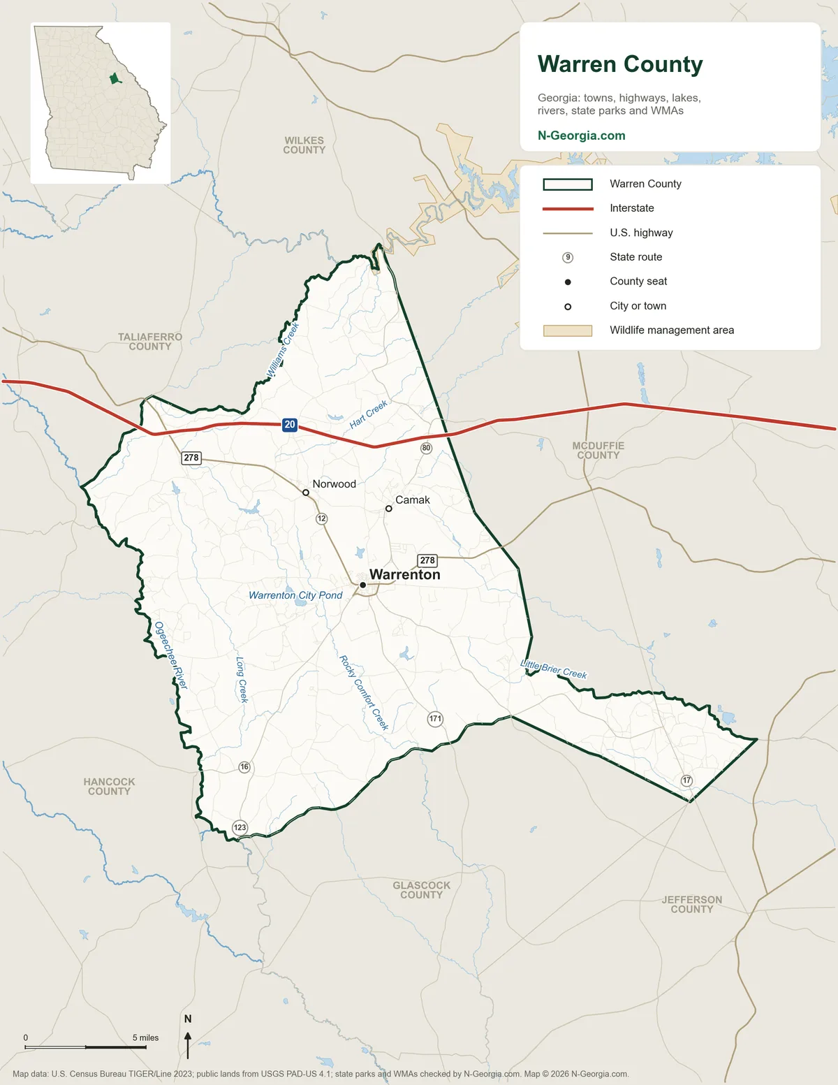Map of Warren County, Georgia, showing the county seat of Warrenton, other towns, highways, rivers and lakes and neighboring counties