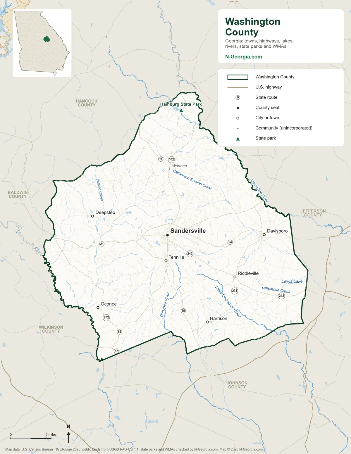 Map of Washington County, Georgia, showing the county seat of Sandersville, other towns, highways, rivers and lakes, state parks and neighboring counties