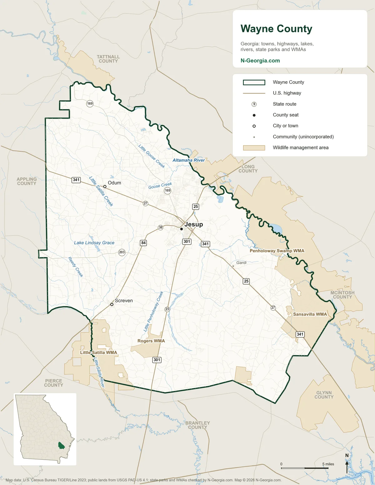 Map of Wayne County, Georgia, showing the county seat of Jesup, other towns, highways, rivers and lakes, wildlife management areas and neighboring counties