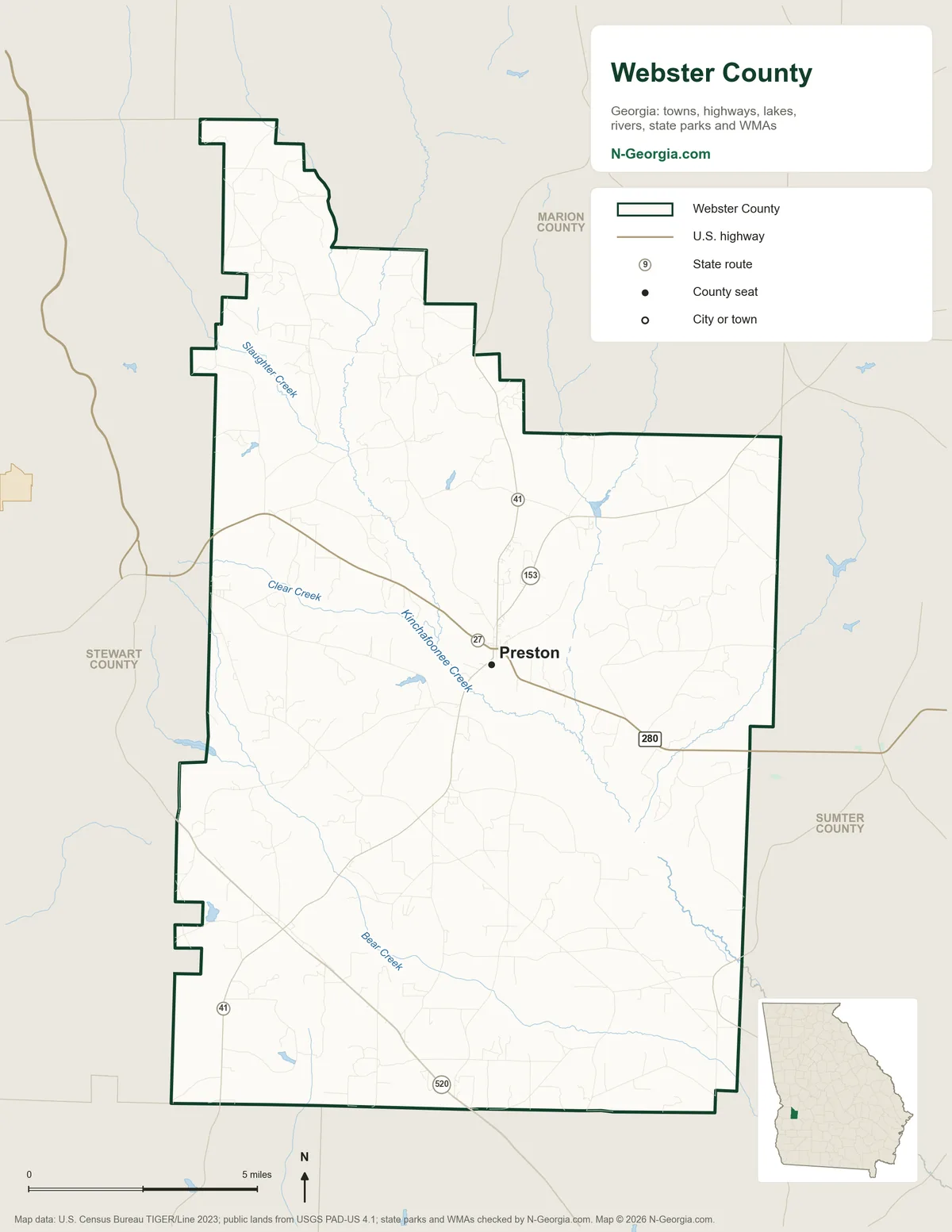 Map of Webster County, Georgia, showing the county seat of Preston, highways, rivers and lakes and neighboring counties