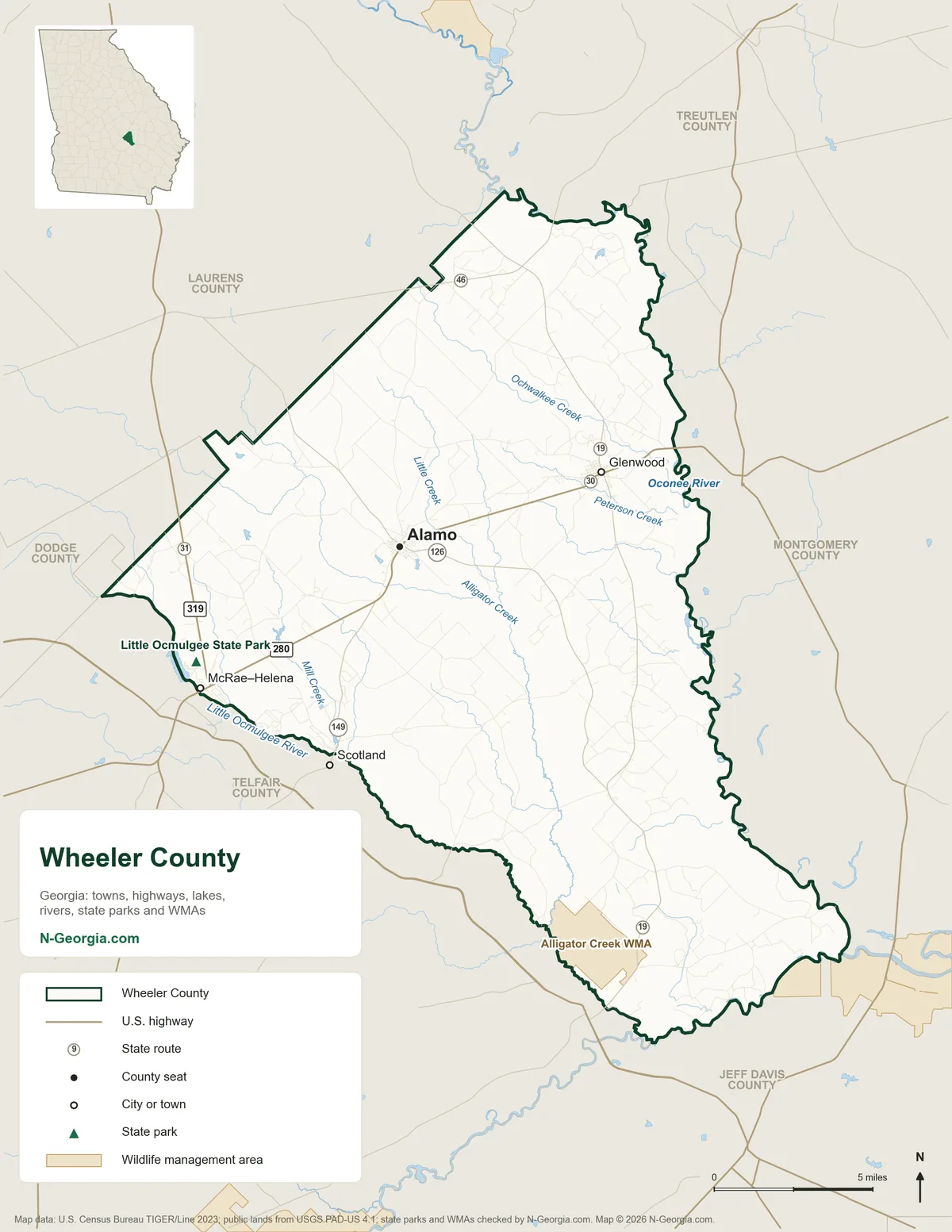 Map of Wheeler County, Georgia, showing the county seat of Alamo, other towns, highways, rivers and lakes, state parks, wildlife management areas and neighboring counties