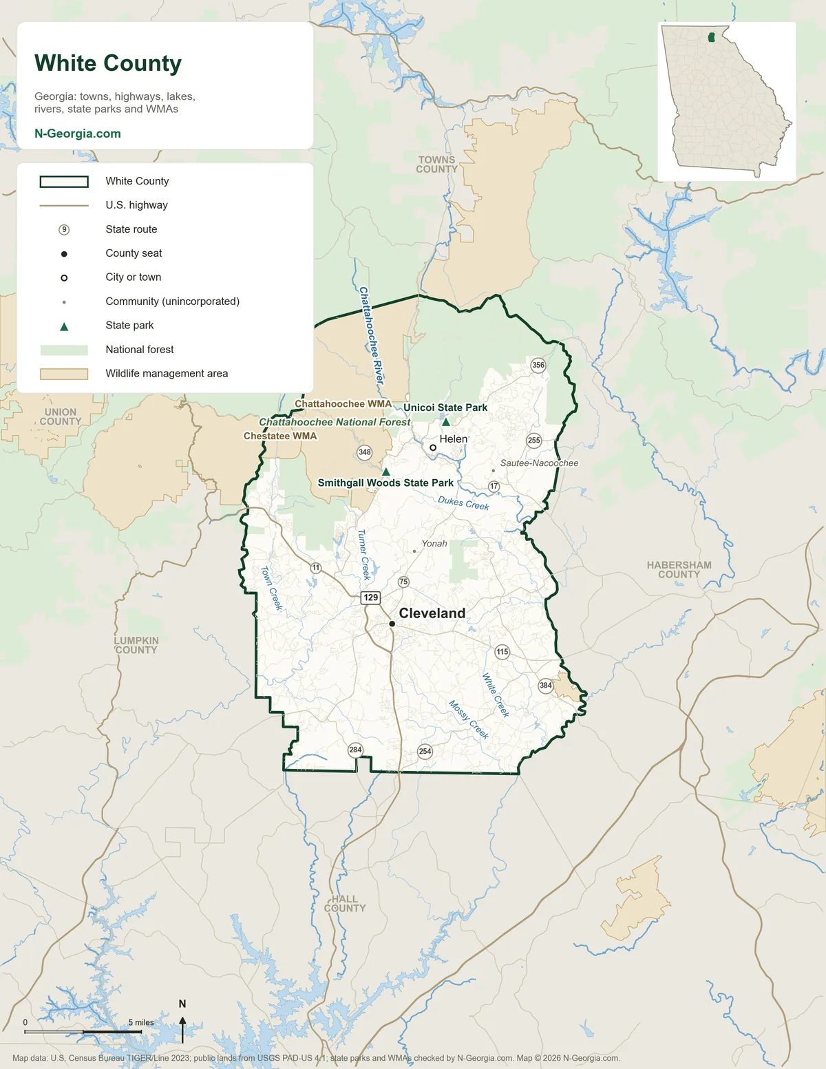 Map of White County, Georgia, showing the county seat of Cleveland, other towns, highways, rivers and lakes, state parks, wildlife management areas and neighboring counties
