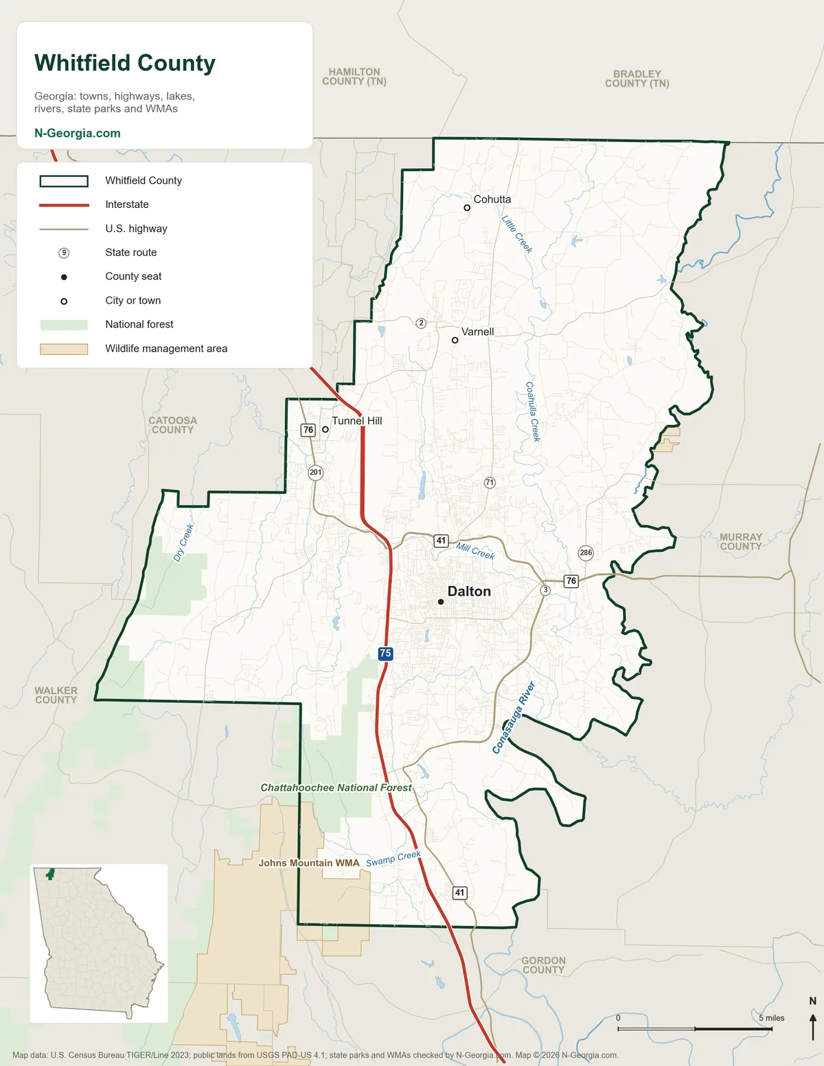 Map of Whitfield County, Georgia, showing the county seat of Dalton, other towns, highways, rivers and lakes, wildlife management areas and neighboring counties