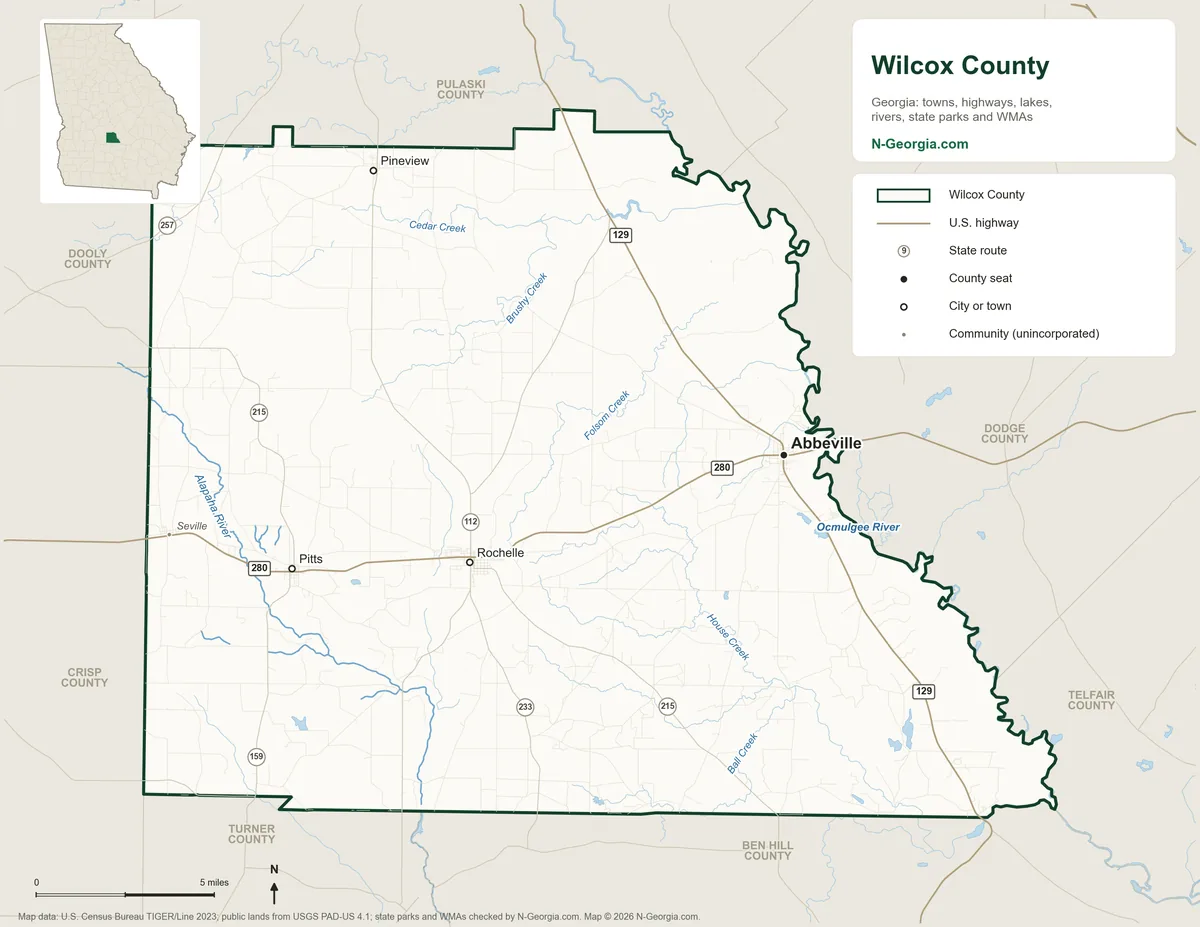 Map of Wilcox County, Georgia, showing the county seat of Abbeville, other towns, highways, rivers and lakes and neighboring counties