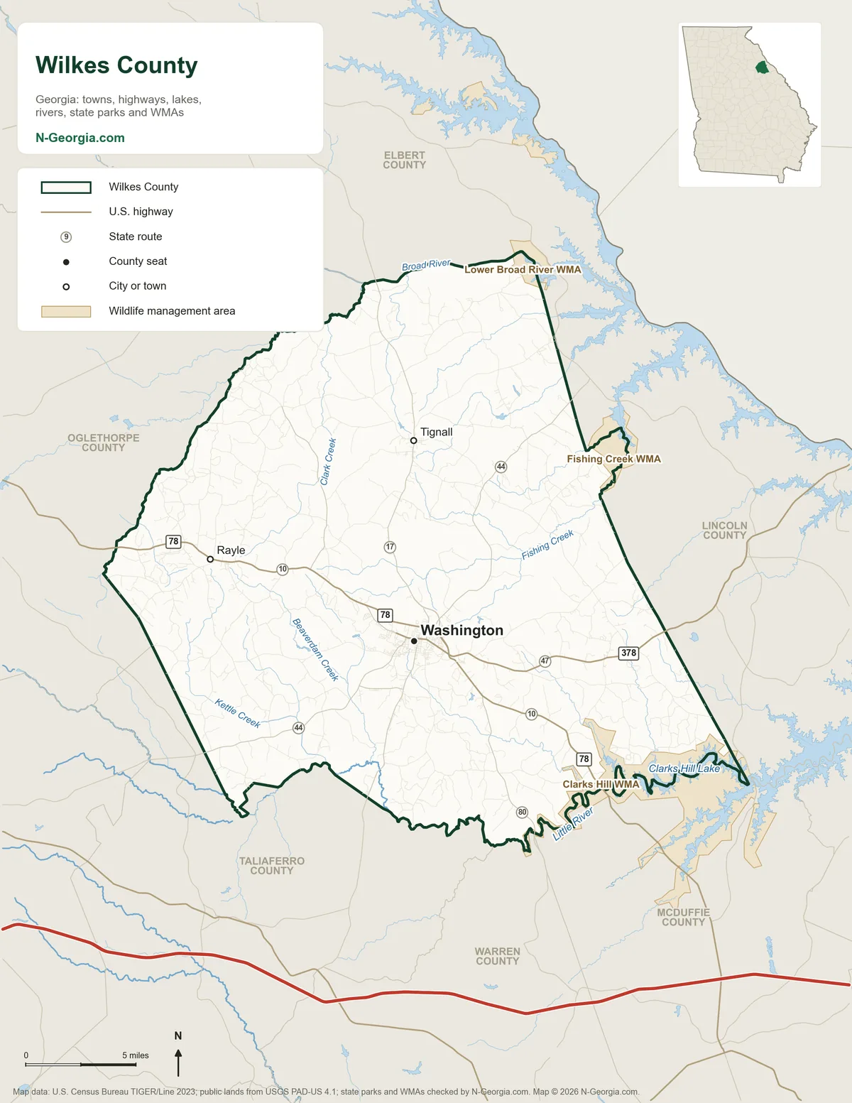 Map of Wilkes County, Georgia, showing the county seat of Washington, other towns, highways, rivers and lakes, wildlife management areas and neighboring counties