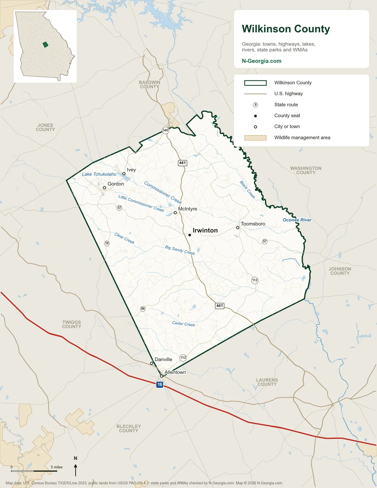 Map of Wilkinson County, Georgia, showing the county seat of Irwinton, other towns, highways, rivers and lakes and neighboring counties