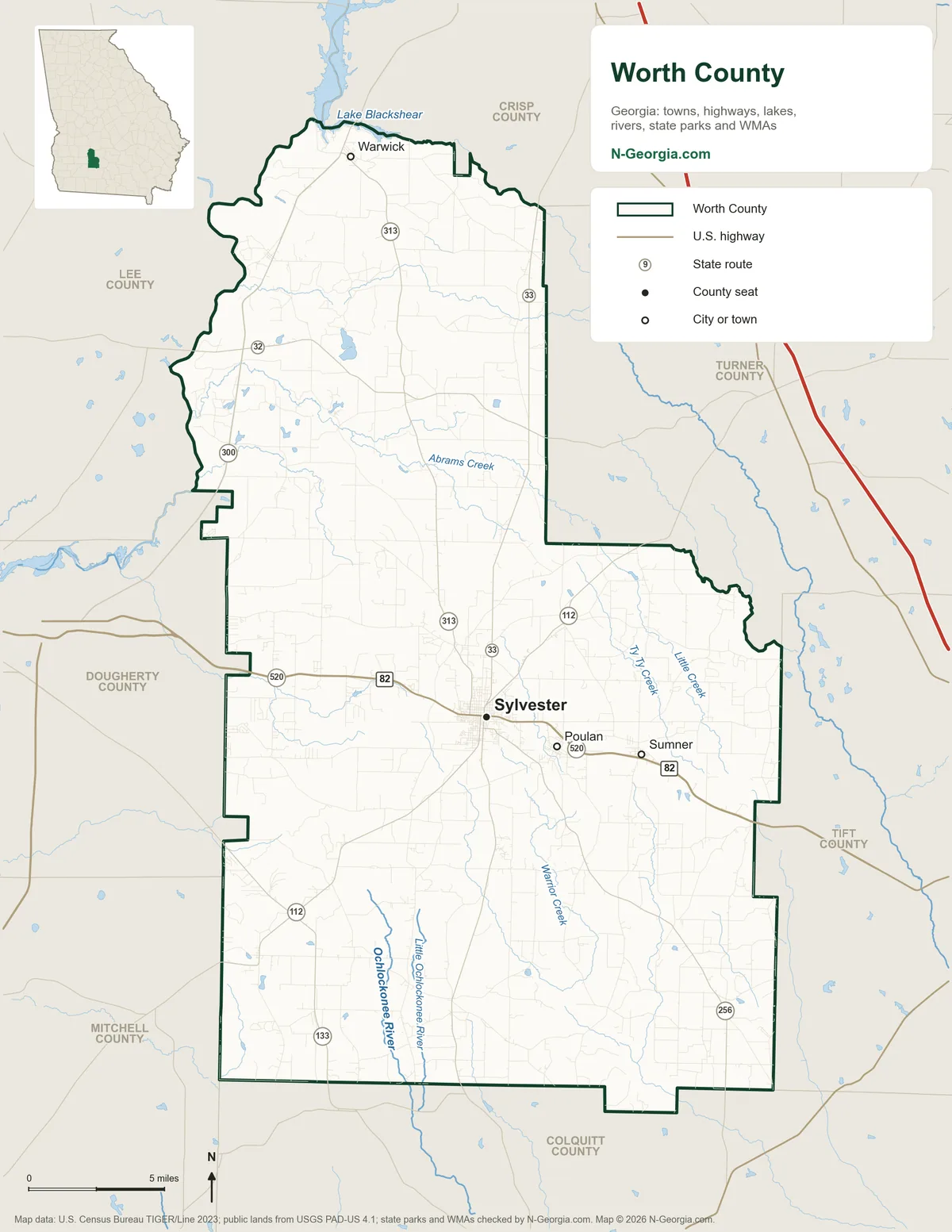 Map of Worth County, Georgia, showing the county seat of Sylvester, other towns, highways, rivers and lakes and neighboring counties