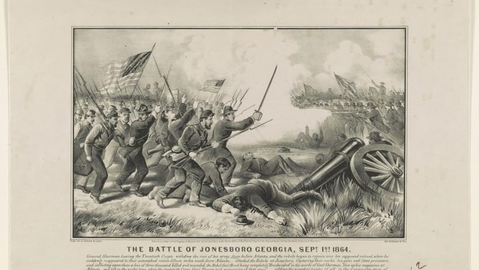 1864 print depicting the fighting along the Macon & Western Railroad south of Atlanta