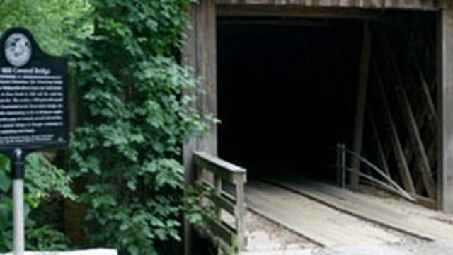 Elder's Mill Covered Bridge and historical marker near Watkinsville, Georgia
