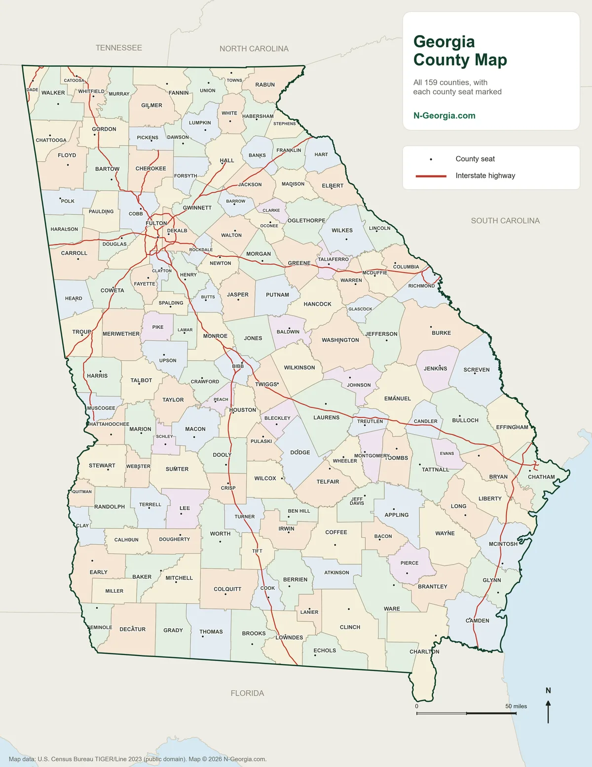 Map of Georgia showing all 159 counties and county seats