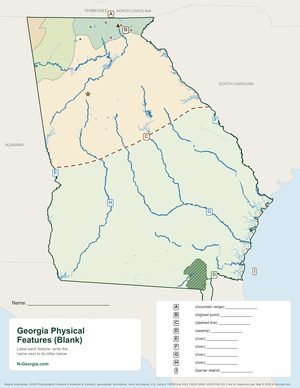 Blank Georgia physical features worksheet map with lettered features to label
