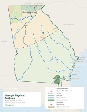 Map of Georgia's physical features: Appalachian Mountains, Brasstown Bald, Fall Line, rivers, Okefenokee Swamp and barrier islands