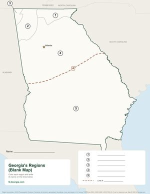 Blank map of Georgia's regions with numbered regions for students to label