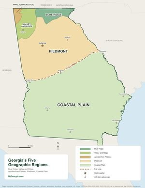 Map of Georgia's five geographic regions with the Fall Line