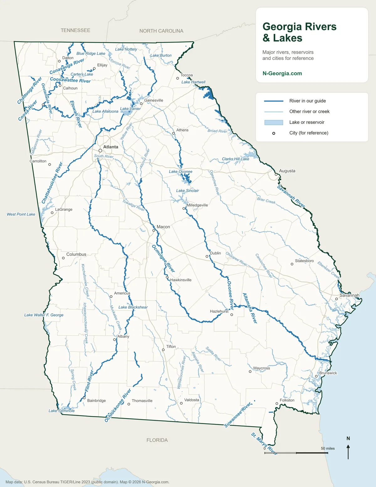 Map of Georgia's major rivers and lakes
